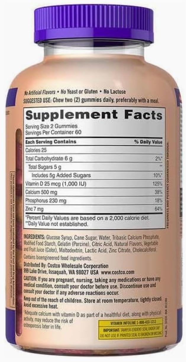 Kirkland Signature Chewable Calcium with Vitamin D3 Adult Gummies, 120 ct x 1 Bottle