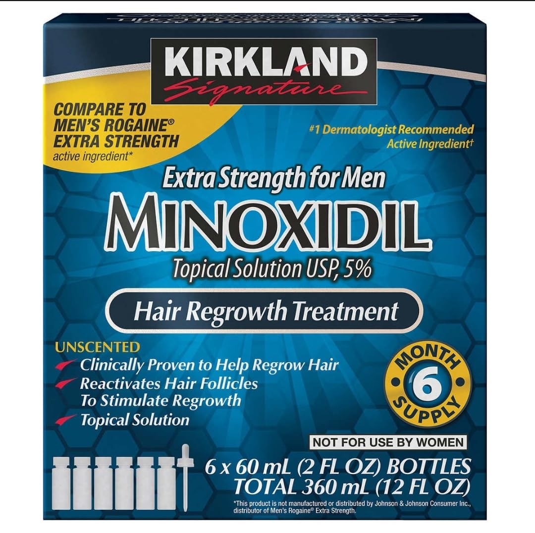 Kirkland Minoxidil 5% for Men, Topical Solution Extra Strength Hair Regrowth Treatment, 6 Months Supply, Total 12 Fl Oz, Dropper Applicator, Exclusive 2 MicroFiber Cleaning Cloths and Comb Included