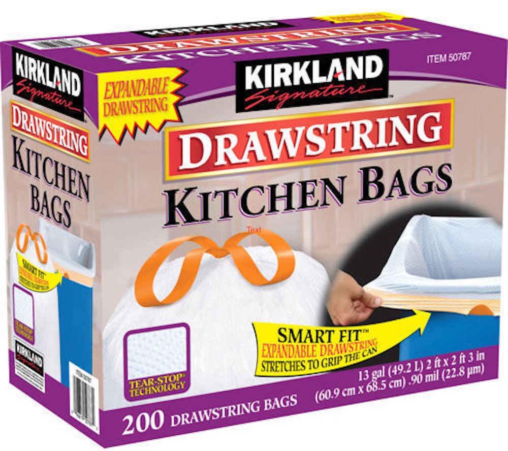Kirkland Signature 13 Gallon 200 Ct Carton 100% recyclable Heavy Duty Drawstring Kitchen Trash Bags Garbage Bag,White (Copy)