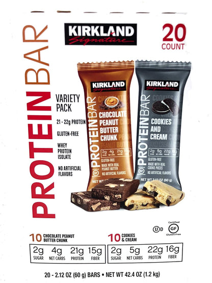 Kirkland Signature Protein Bar Variety Pack 20 Count Chocolate Peanut Butter Chunk & Cookies and Cream Gluten Free 21-22g of Protein 2g Sugar No...