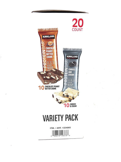 Kirkland Signature Protein Bar Variety Pack 20 Count Chocolate Peanut Butter Chunk & Cookies and Cream Gluten Free 21-22g of Protein 2g Sugar No...