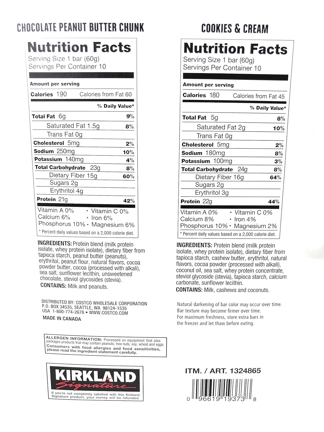 Kirkland Signature Protein Bar Variety Pack 20 Count Chocolate Peanut Butter Chunk & Cookies and Cream Gluten Free 21-22g of Protein 2g Sugar No...