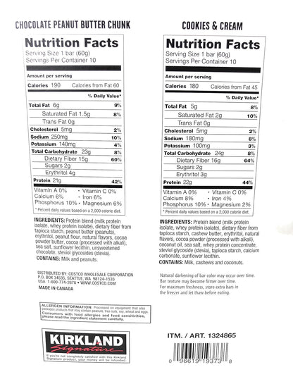 Kirkland Signature Protein Bar Variety Pack 20 Count Chocolate Peanut Butter Chunk & Cookies and Cream Gluten Free 21-22g of Protein 2g Sugar No...